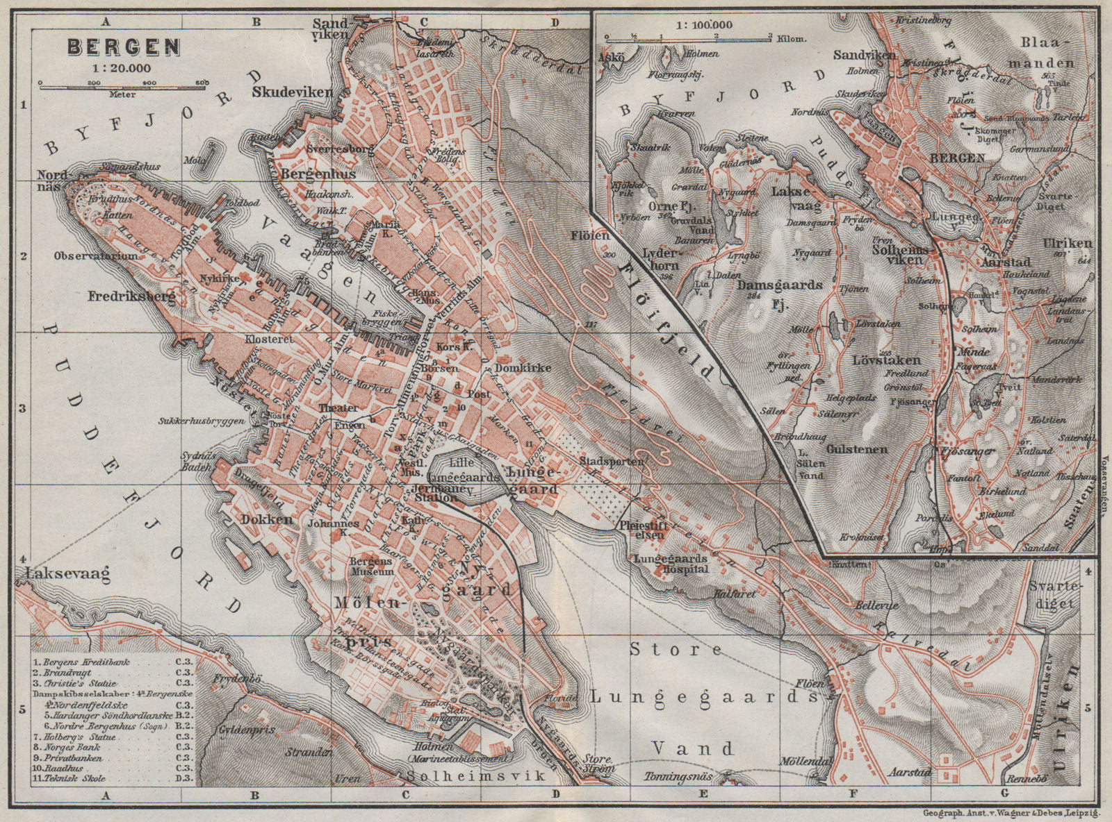 BERGEN antique town city byplan & environs. Norway kart. BAEDEKER 1909 old map